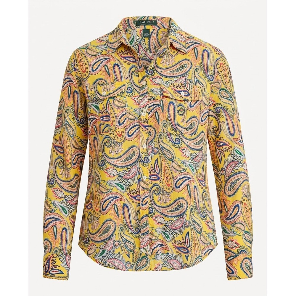 Lauren Ralph Lauren Yellow Paisley Button Down Shirt 100% Cotton, Pockets, Large